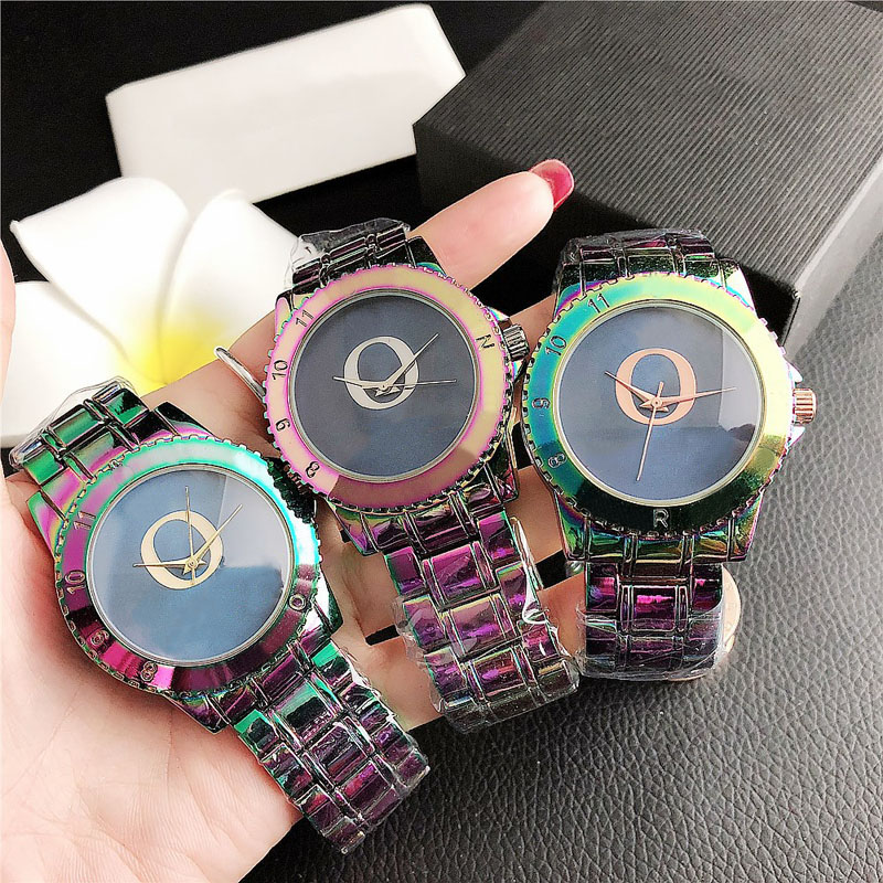 

Fashion Brand Watches women Girl Big letters style Colorful Metal steel band Quartz Wrist Watch P77, Slivery;brown