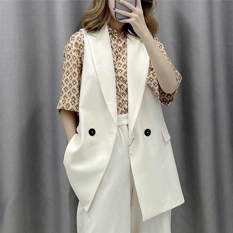 

Elegant Office Lady Pocket Women Coat White Sleeveless Vests Jacket Outwear Casual Brand WaistCoat Colete Feminino