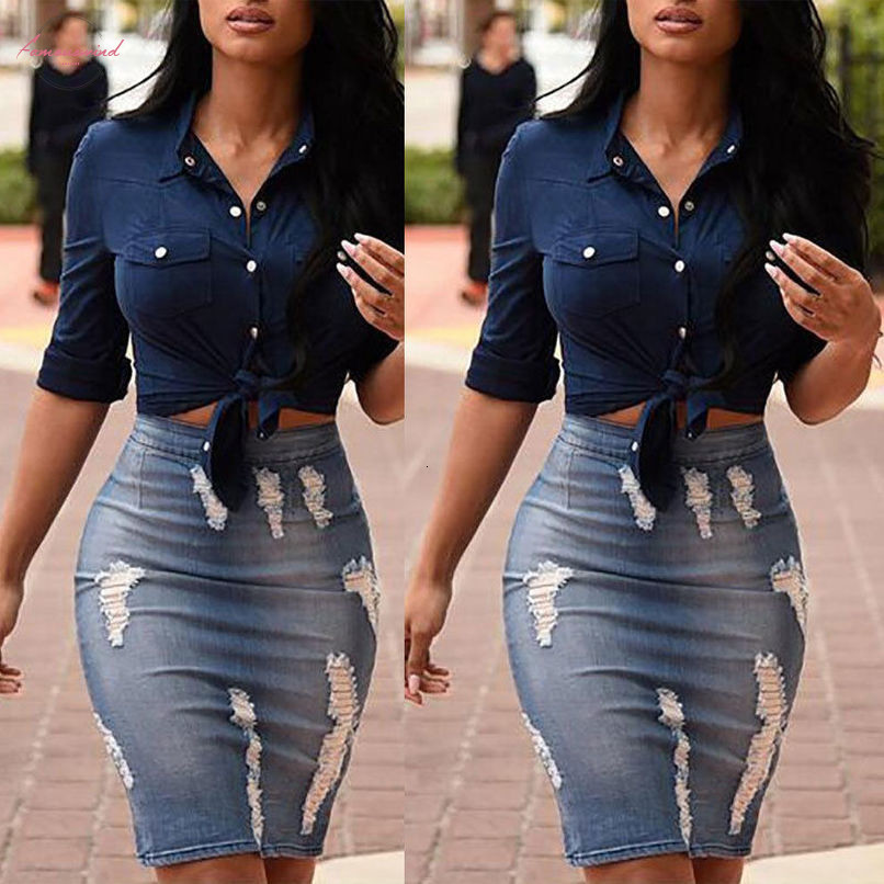 knee length stretch denim skirt