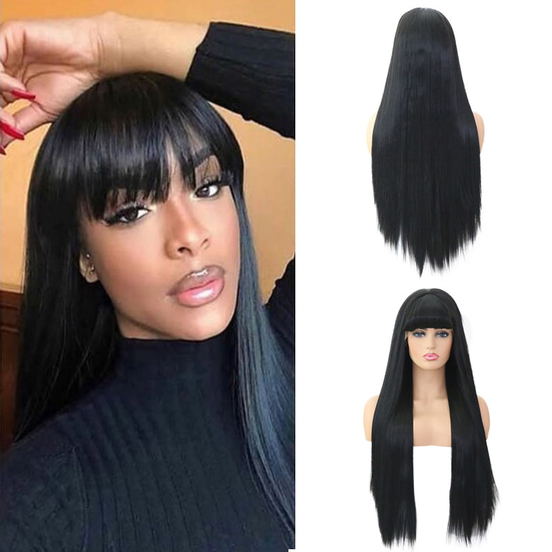 

RONGDUOYI Long Black Hair Synthetic Lace Front Wig with Bangs Silky Straight Heat Resistant Lace Wigs for Women Cosplay Wig, As pic