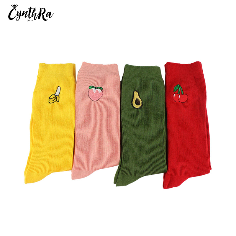 

CYNTHRA 4pairs Woman Cute Socks Japanese Embroidery Fruit Cotton Korean Style Long Tube Retro Female Socks Student Kawaii Hot, Orange