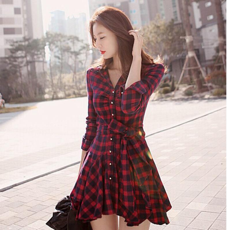 

Fashion Casual Women Ladies Dresses Summer Spring Long Sleeve Party Dress Plaid Short Mini Bow Dress Red, As pic