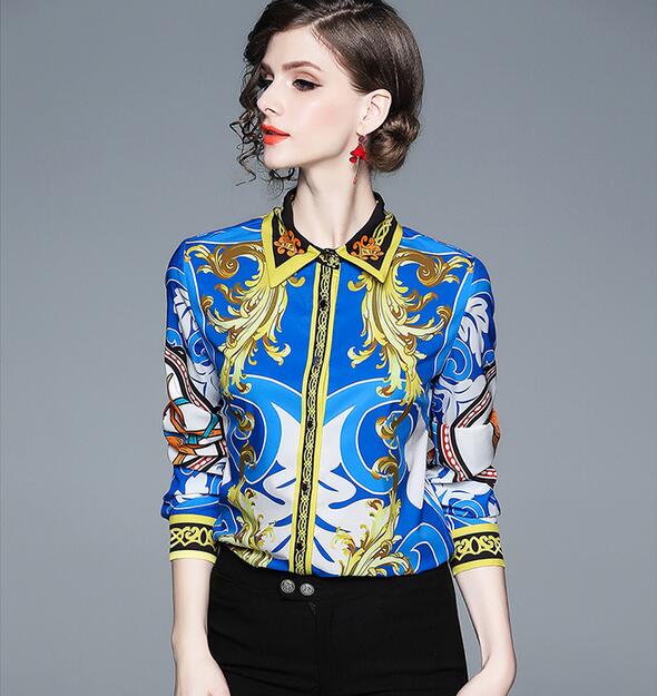 

scarf printed long sleeve blue women blouses beauitful ladies shirts fashion printed top