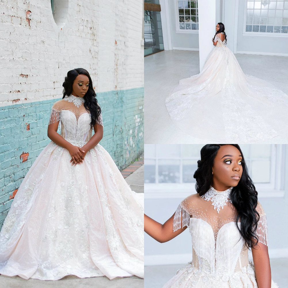 

2020 Ball Gown Wedding Dresses High Collar Short Sleeves Lace Appliques Bridal Gowns Hollow Lace-up Back Sweep Train Wedding Dress, Gold