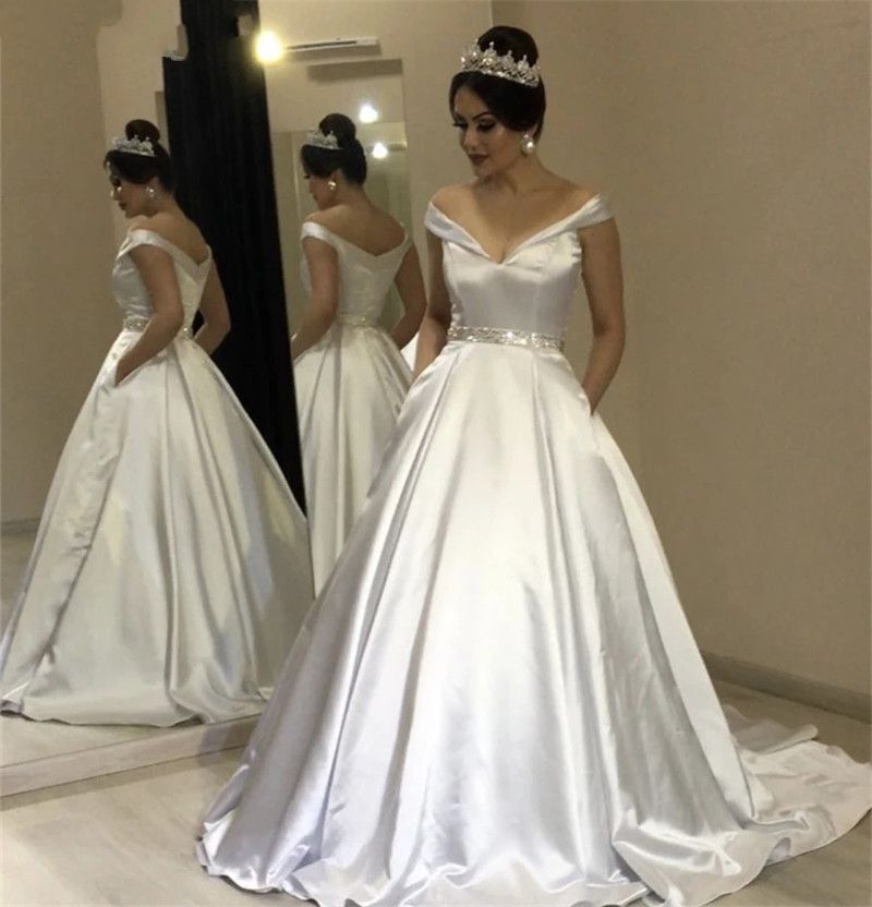 

Simple Satin Wedding Dresses 2020 Beaded Belt Pockets Sweep Train Off Shoulder Bridal Gowns Bride Dress Vestido De Noiva, Daffodil