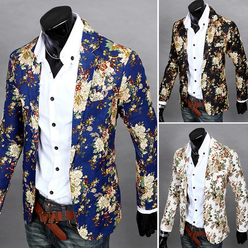 

Nice Fashion Men Floral Printing Blazer Slim Party Single Breasted Suit Jacket Long Sleeve Coat H8, Black