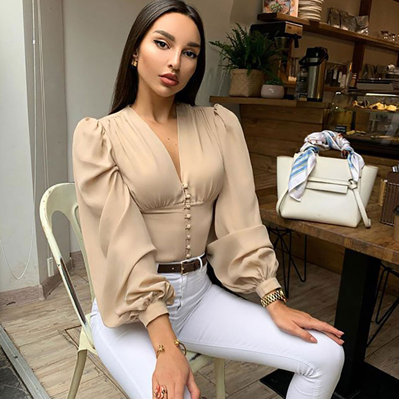

2020 Pure V-neck Button Long Sleeve Puff Sleeve Slim Shirt Retro Shirt Elegant Office Lady Bluuses korean fashion clothing, Beige