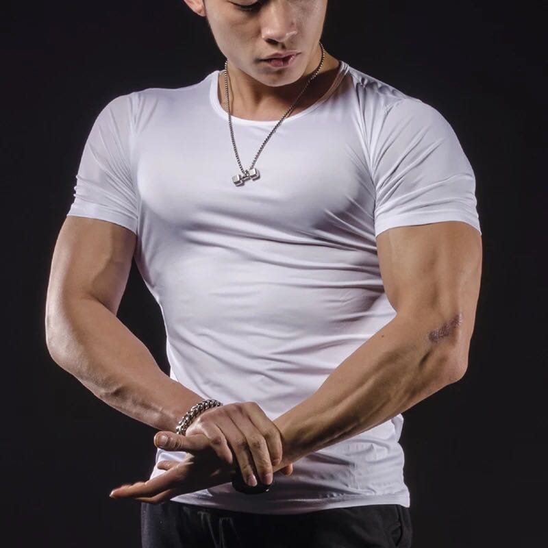 

JS887J-Workout fitness men Short sleeve t shirt men thermal muscle bodybuilding wear compression Elastic Slim exercise clothing, Black