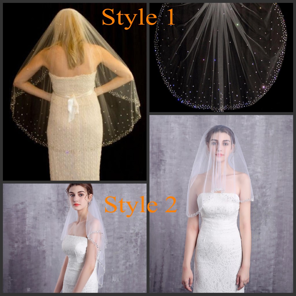 

Cathedral / Fingertip Wedding Veils with Crystal Rhinestone Long Tulle White Ivory Bridal Hair Veil Accessories Sequin Beaded Custom Made, Style 2 -- white