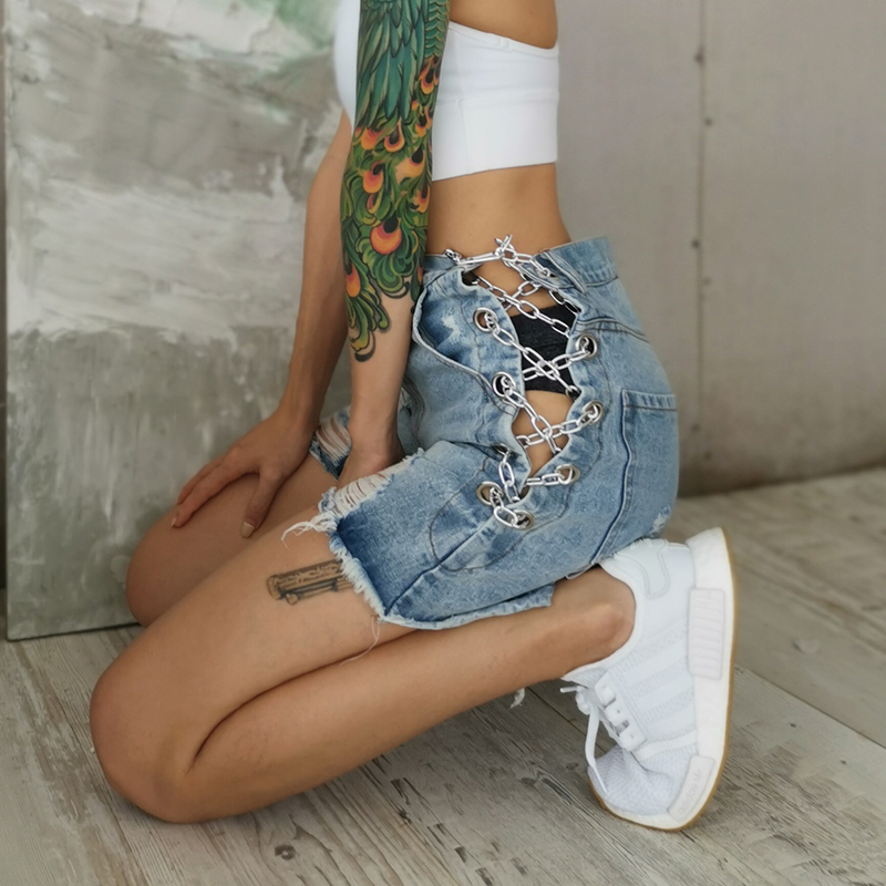 

Casual Patchwork Chian Denim Shorts Women High Waist Hollow Out Ripped Hole Tassel Short Pants Female Clothes Tide, Blue