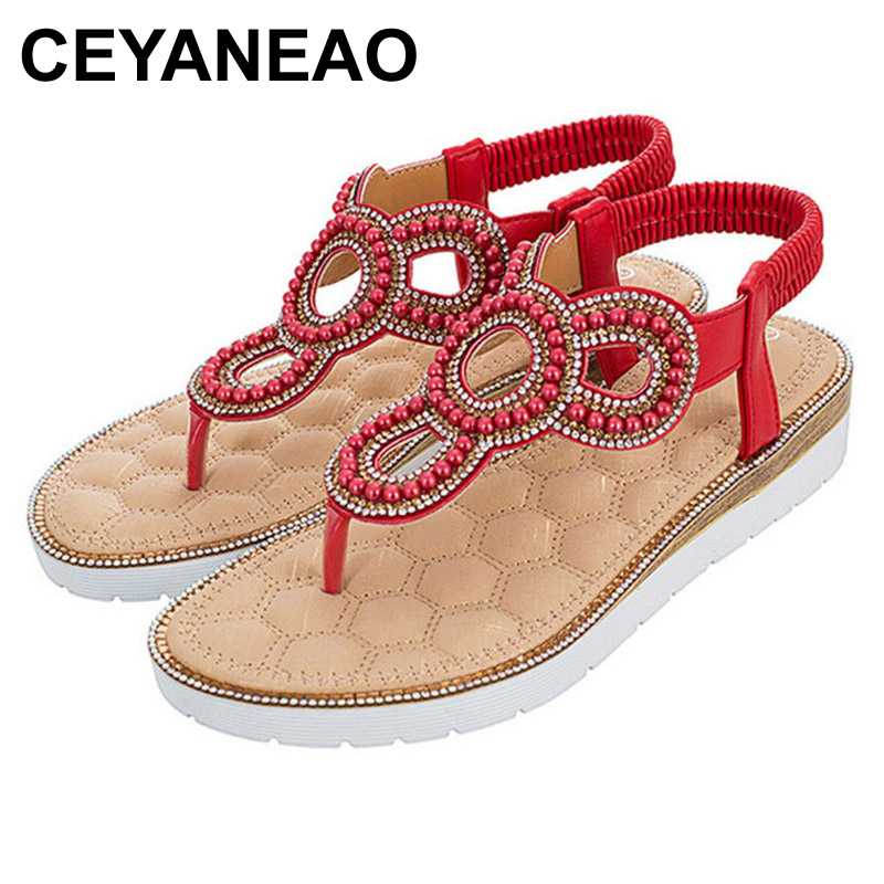 

CEYANEAOfashion pearl sandals woman blue white pink green Six colors available rhinestone metal decoration leisure women sandals, Apricot