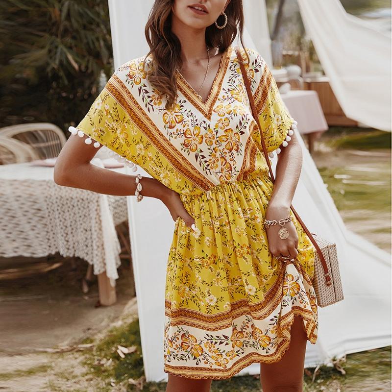 

Womens Dress Bohemian Print Mini Dress Ladies Sexy V-Neck Summer Beach Swing Slim Vestido Feminino Robe Femme 2020 New, Green