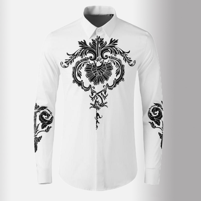 

Men's Casual Shirts Cotton Printed Mens Luxury Long Sleeve Dress Plus Size 4xl Fashion Slim Fit Party Male, White