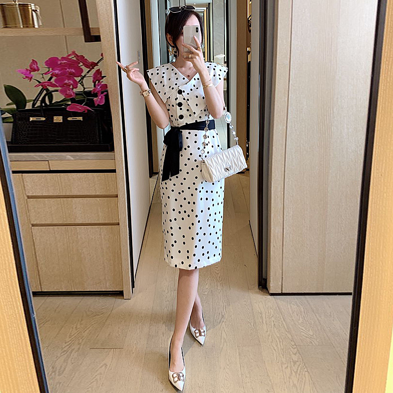 

Designer High-Quality 2020 Summer New Women' Party Sexy Casual Elegant Chic Gentlewoman Dot Print Slim Dresses Knee Length, Multi