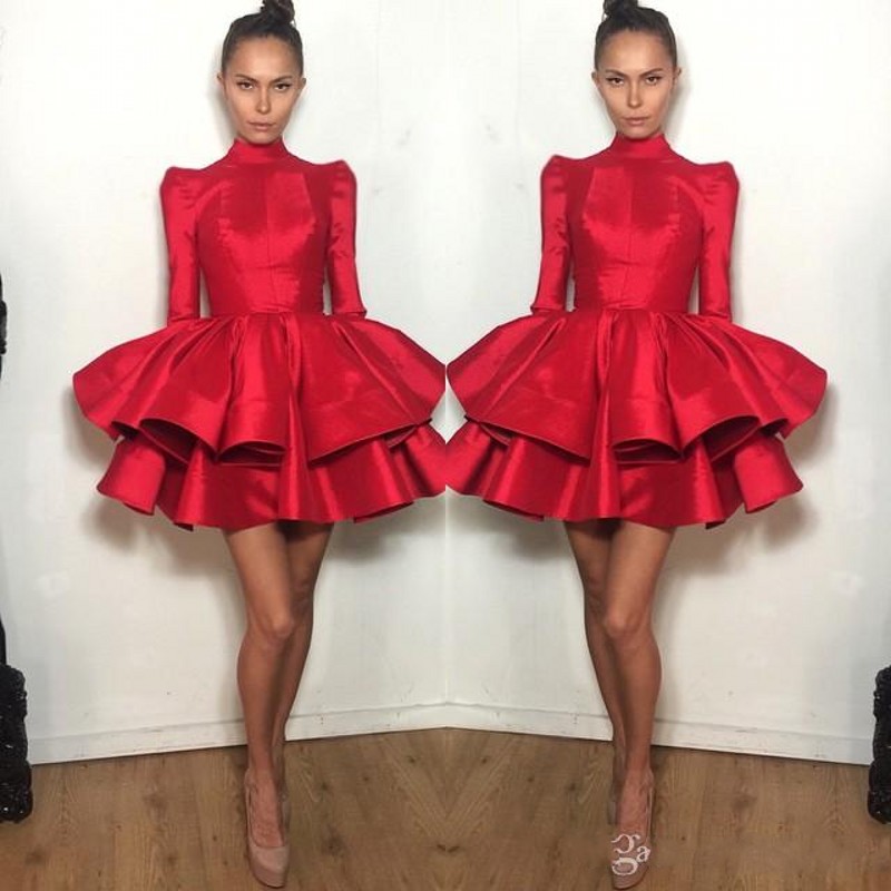 

Short Cocktail Dresses Red With Long Sleeve Tiered Ruffled Michael Costello Mini Prom Dress Girls Homecoming Dress, Coral