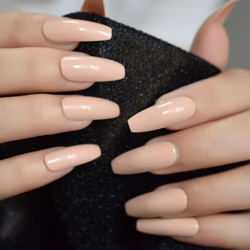 

Nude Orange Long False Nail Coffin Shiny Full Nail Art Tips Pure Color Easy DIY Salon Artificial, L5217