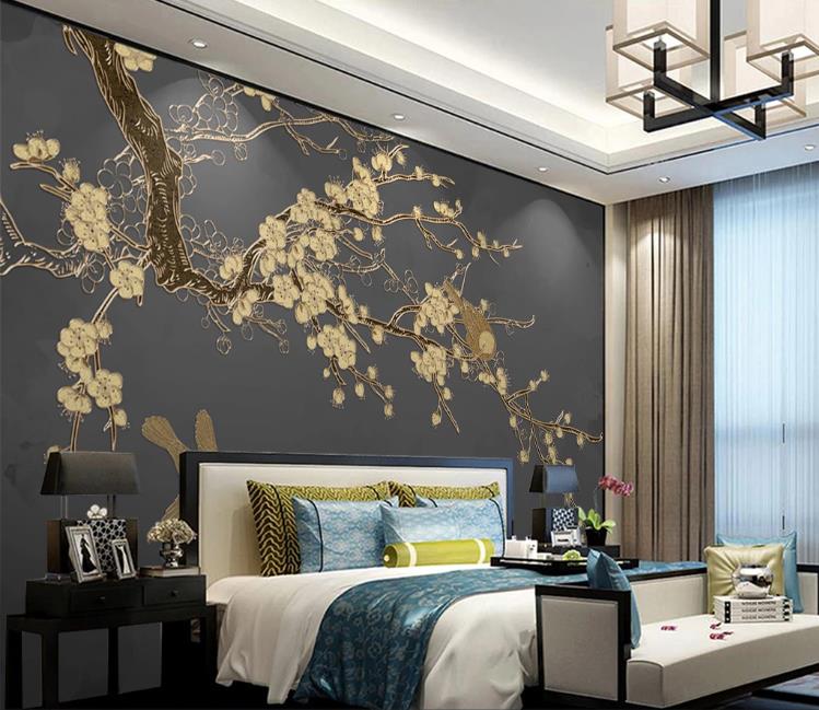

Custom Murals Beautiful hand painted new chinese style flower and bird golden relief TV bedroom Background Decor Wallpaper 3D, Same as photo