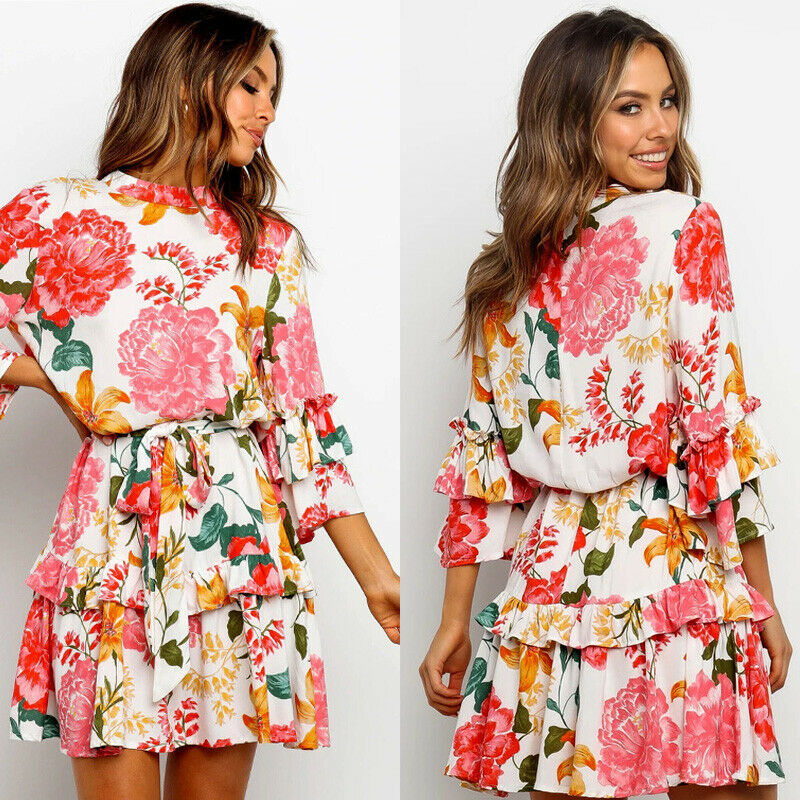

Hot Fashion Women Floral Print Dress Tie Waist Bohemian Cascading Ruffle Long Sleeve Beach Dress, Red floral