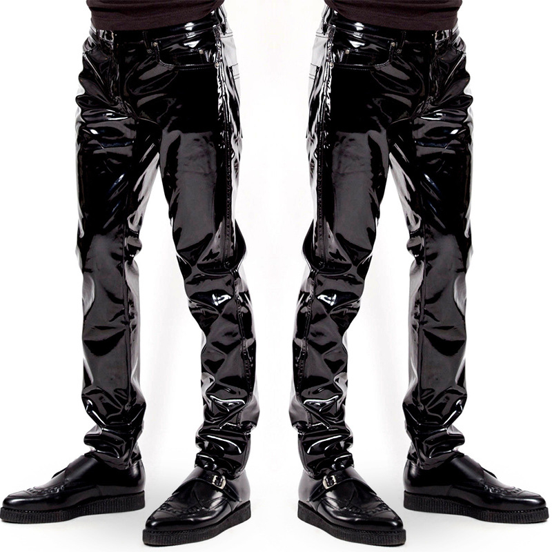 Uomo in Finta Pelle Stile Biker Pantaloni bagnato STADIO Metallico Lucido Moto Pantaloni