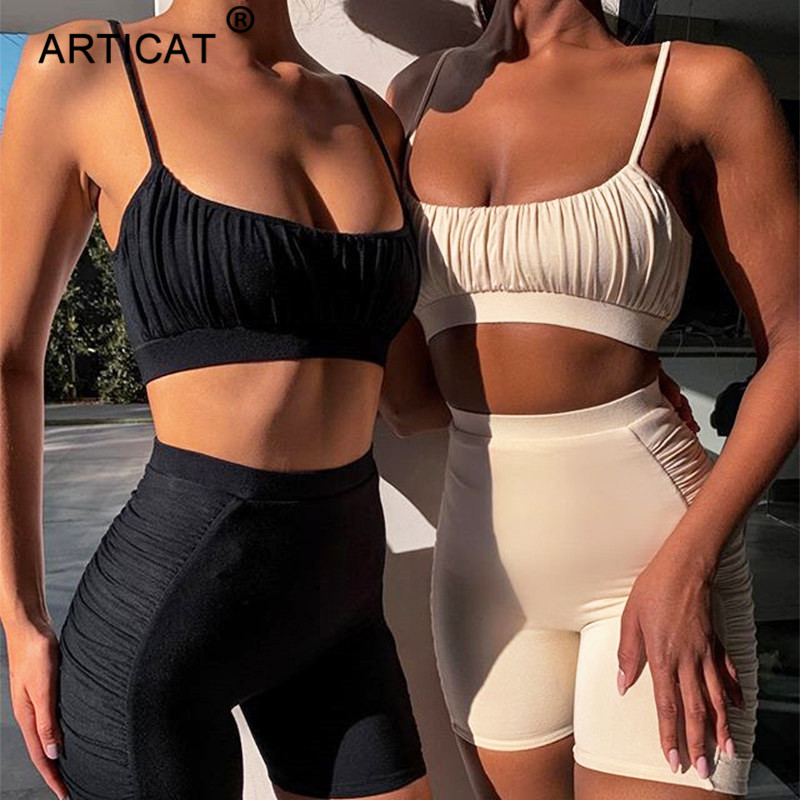 Articat Sexy Two Piece Set Women Black Crop Tops Skinny Shorts Suit Romper Woman Jumpsuit Casual 2020 Summer Clothes Outfits