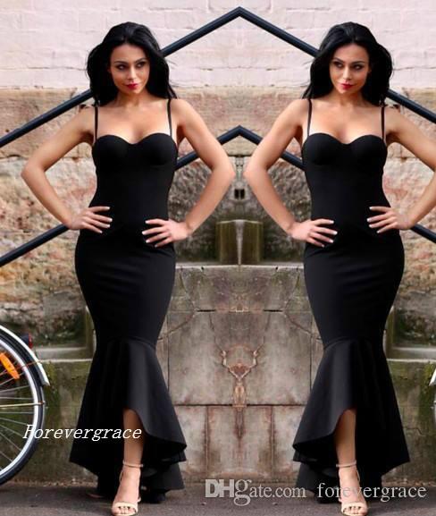 

2019 Black Mermaid Prom Dress Sexy Hi Lo Spaghetti Straps Satin Long Formal Evening Party Gown Custom Made Plus Size, Chocolate