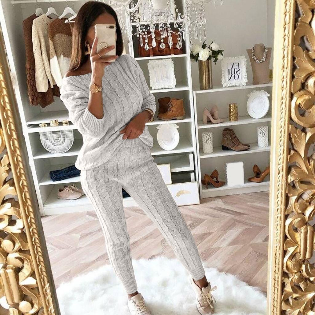 

Womens Ladies Solid Off Shoulder Cable Knitted Warm 2PC Loungewear Suit Set autumn sweater women 2018 sweater woman winter plaid, Black