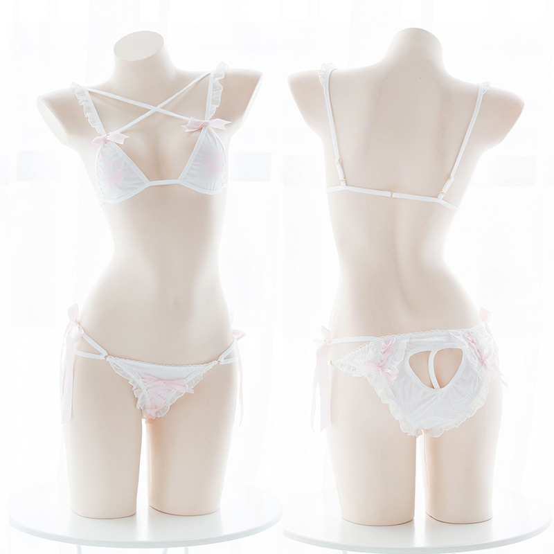 

Sexy Cute Women's Lingerie 2PCS Set Bra & Panties Set Cosplay Kawaii Cat Claw Bowknot Ruffles Bikini Lolita White Underwear