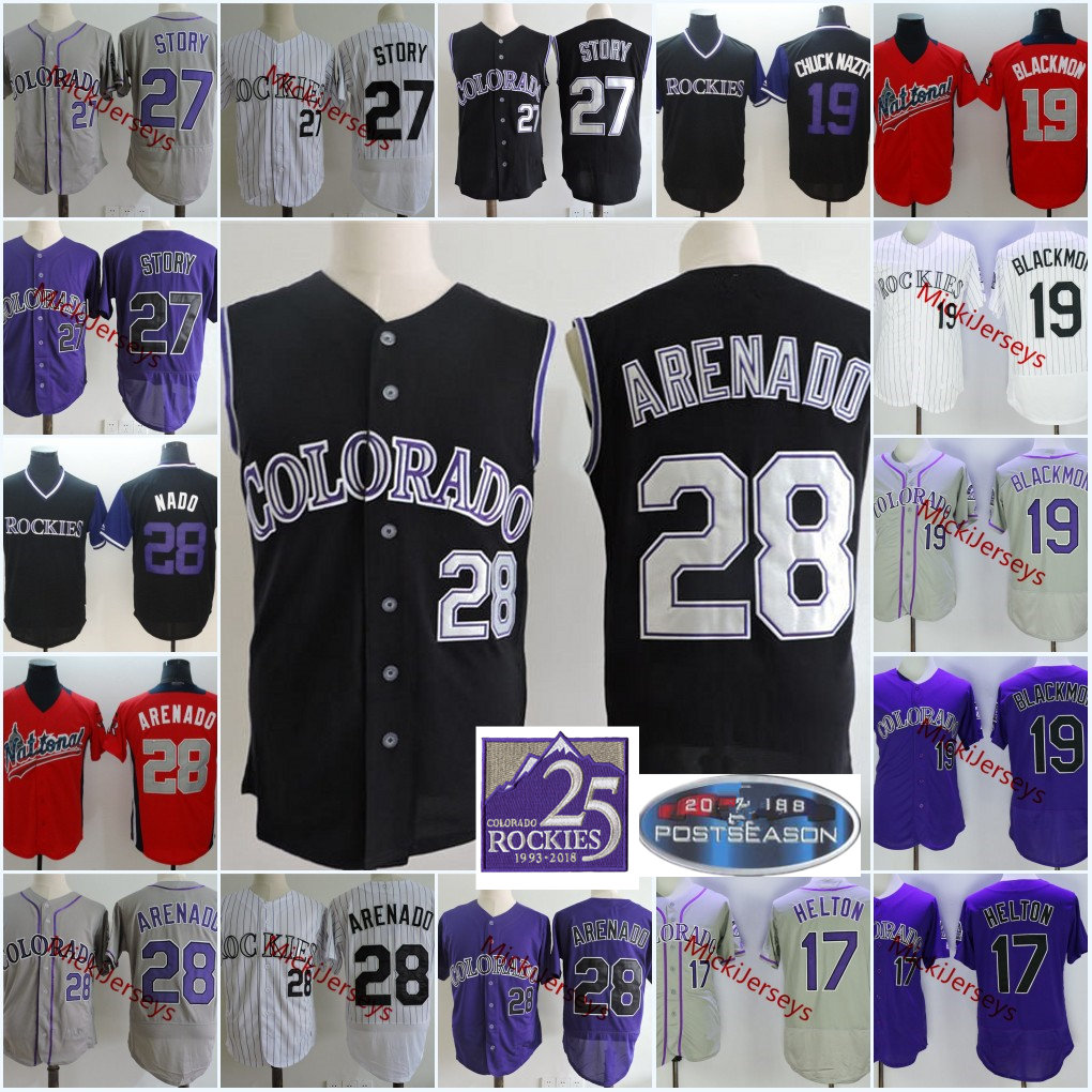 

Mens #28 Nolan Arenado Black Vest Jerseys Stitched 19 Charlie Blackmon 17 Todd Helton 27 Trevor Story Jersey, Black;red