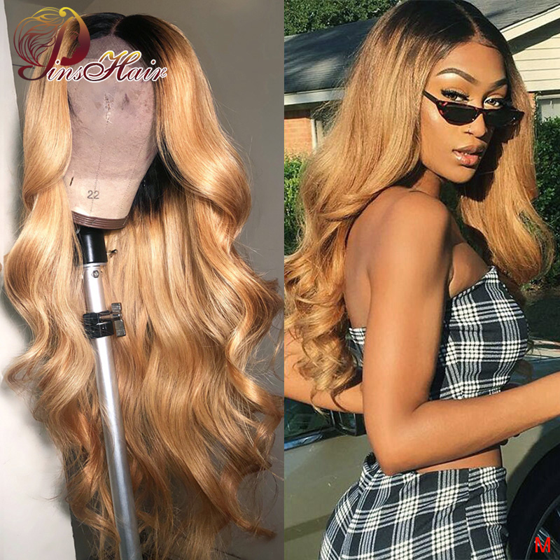 

Pinshair 1B/27 Honey Blonde Lace Front Human Hair Wigs 150% Peruvian Body Wave Non-remy Ombre 13x4 Lace Front Wig Pre Plucked, As pic