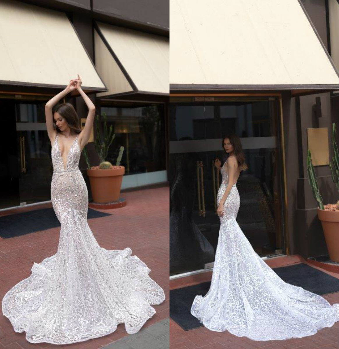 

Julie Vino Mermaid Wedding Dresses Deep V Neck Lace Applique Sequins Sexy Backless Wedding Dress Sweep Train Bridal Gowns Vestidos De Novia, Same as image