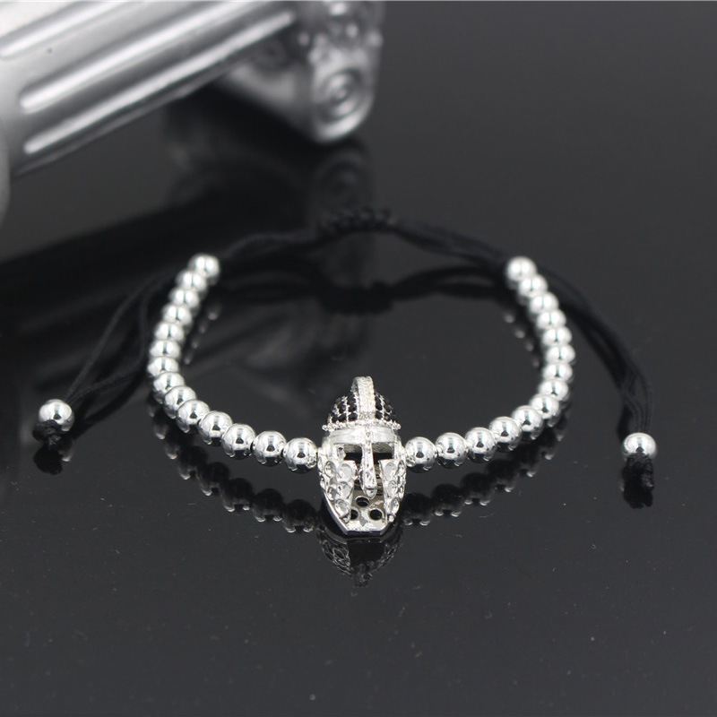 

Hot Women Men's Pave Black CZ Knight Helmet Charm Bracelet 5MM Copper Beads Braiding Macrame Bracelets Jewelry