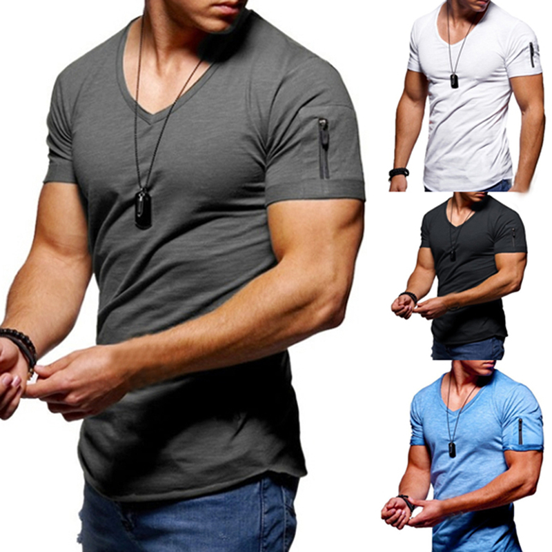Men's Soft Solid Color Tee Shirt Men Fitness Casual For Male Short Sleeve T-shirt Summer V Neck Fitness Slim Mens Clothing