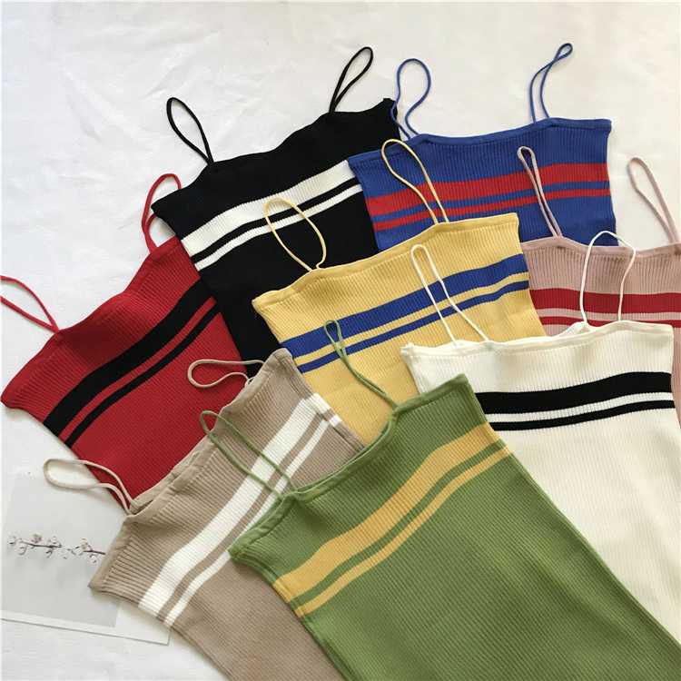 

Knitting Stripe Tank Crop Tops Female Knitted Stretchy Cropped Camisole Sleeveless Short T shirts For Woman 2020 Summer, Khaki