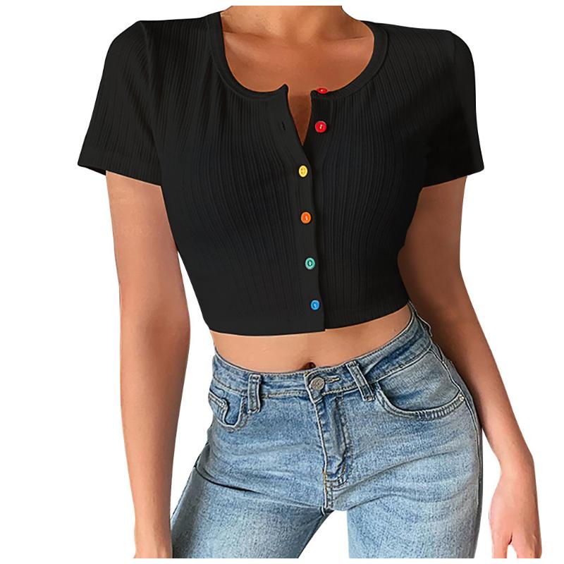 

Women Shirts personality Comfortable Fashion O-neck Solid Colorful Shirts Creativity Button Short Sleeve Short Tops Blouse, Black
