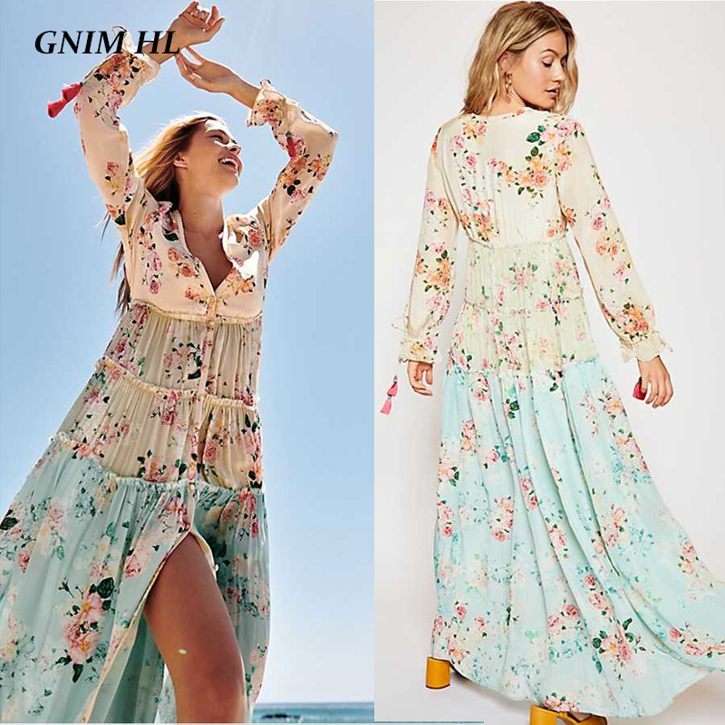 

High Waist Print Stitching Beach Dress Sexy Chiffon Beachwear Swimsuit Loose Dress Women Bohemia Bikini Bathing Suit Cover Up