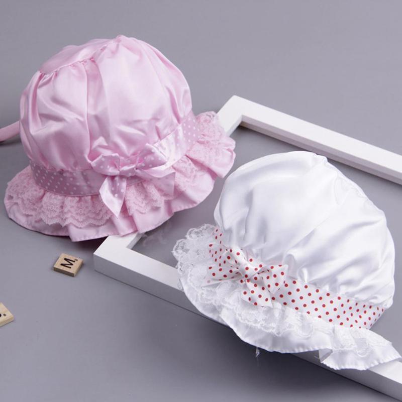 

Cute Baby Unisex Dot Print Bow Bucket Hat Wide Brim Sun Protection Outdoor Cap children Kids Hats Kids Accessories, Pink