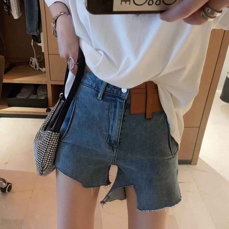 

WOMENGAGA Korean 2020 Summer New Denim Shorts Irregular Cut Edges Solid Casual Straight Girl Female Patchwork High Waist B050, Light blue