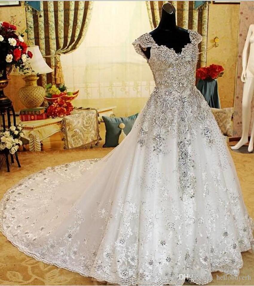 

2022 Applique Lace Marjoy Beading A Line Wedding Dress V Neck Tiered Skirts Court Train Bride Dresses Gowns Plus Size Dress, Ivory
