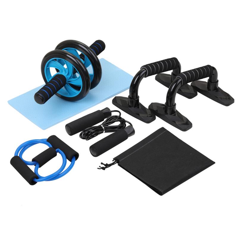 

Five-in-one Fitness Equipment Two-wheeled Abdominal Wheel + Skipping Rope + Push-ups Tensioner Knee Pad Sports Accessories, Black