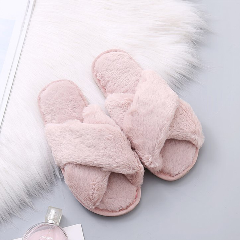 

Autumn Winter House Shoes Women Home Slippers Warm Faux Fur Ladies Cross Soft Plush Furry Female Open Toe Fashion Shoes, Beige
