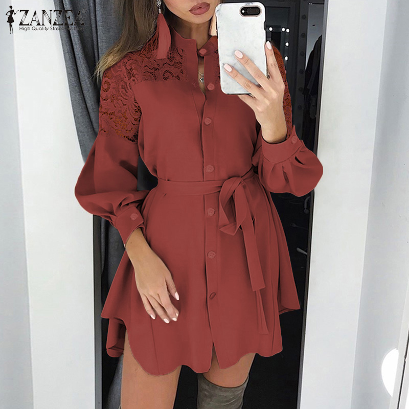 

Fashion Lace Stiching Shirt Dress Women' Summer Sundress ZANZEA 2020 Long Sleeve Mini Vestidos Female Tunic Robe Plus Size 5XL, Beige