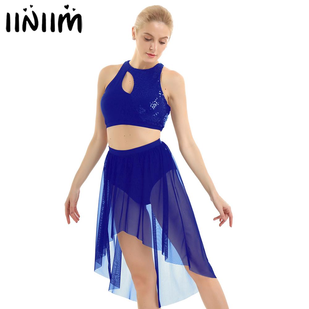 

Women Ballet Lyrical Dance Dress Outfits Sleeveless Asymmetrical Shiny Sequins Front Keyhole Tank Top with High-low Mesh Skirt, Black