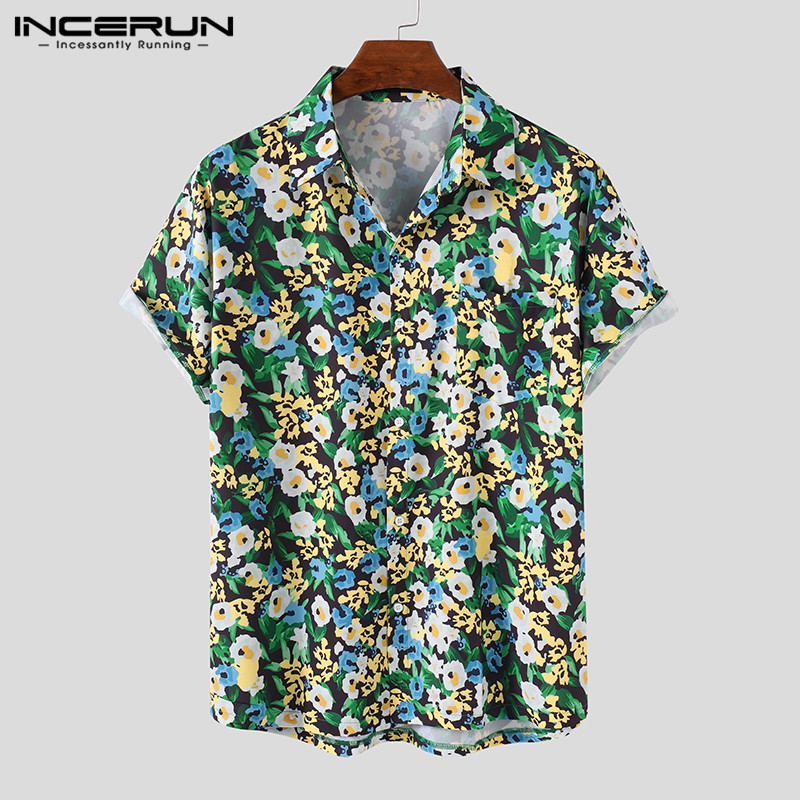 

2020 Stylish Men Hawaiian Shirt Floral Print Short Sleeve Loose Streetwear Tops Summer Lapel Chic Brand Beach Camisas INCERUN 7, Green
