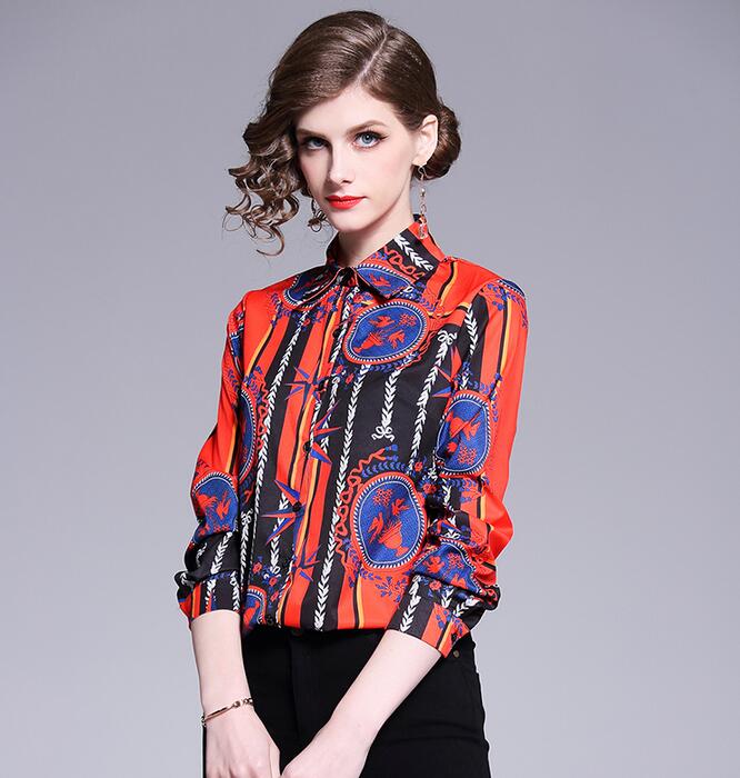 

2019 Flora printed long sleeve red women blouses with single breasted long sleeve lapel neck ladies shirts fashion printed top