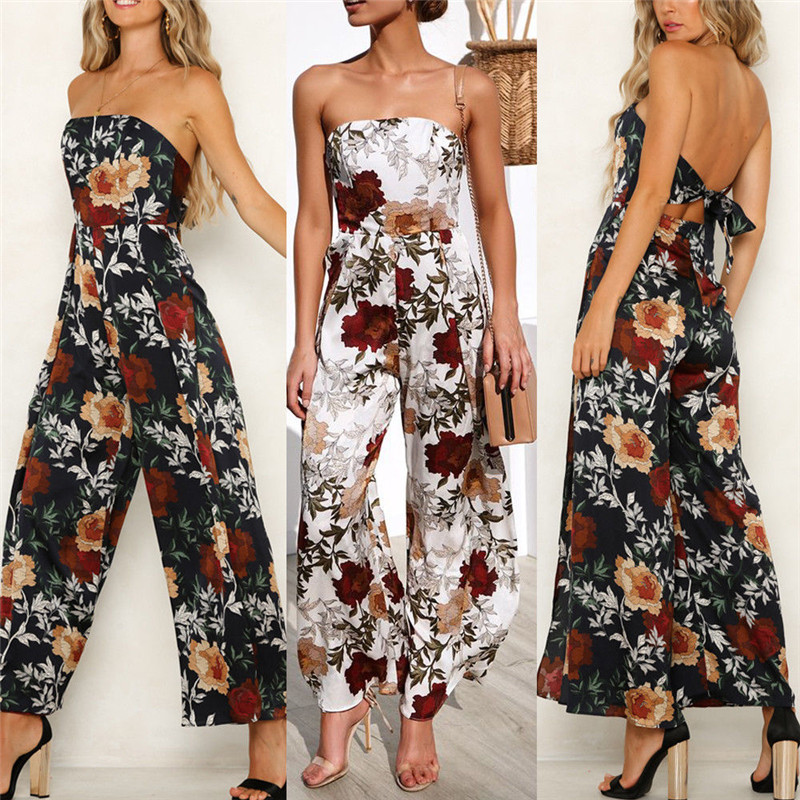

Summer Womens Jumpsuit Shoulderless Backless Floral Print Long Playsuit Ladies Sexy High Waist Jumpsuit Romper Women 2019, Black
