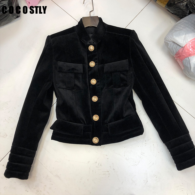 

Runway Spring Autumn Women Jacket Coat 2020 Designer Black Velvet Single Breasted Long Sleeve Slim Short Coat Chaqueta Mujer