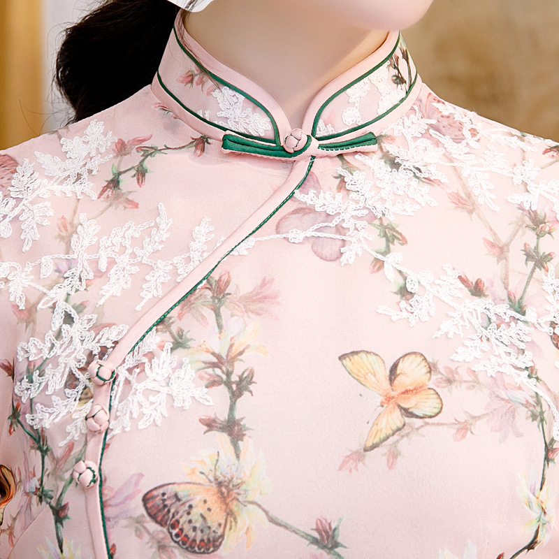 

Printed Cheongsam Women knee-length Satin applique Qipao Chinese Dress Vintage Elegant Dress High Quality Daily Ao Dai qipao
