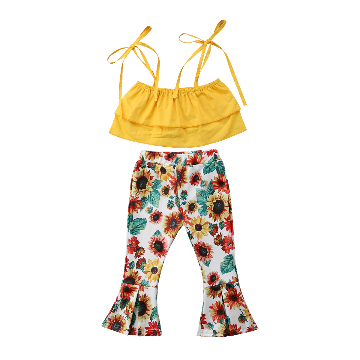 Kids Baby Girl Summer Sleeveless Cotton Clothes Set Pure Color Sling Tops+Sunflower Wide Leg Pants 2pcs Casual Outfits-image-466741541