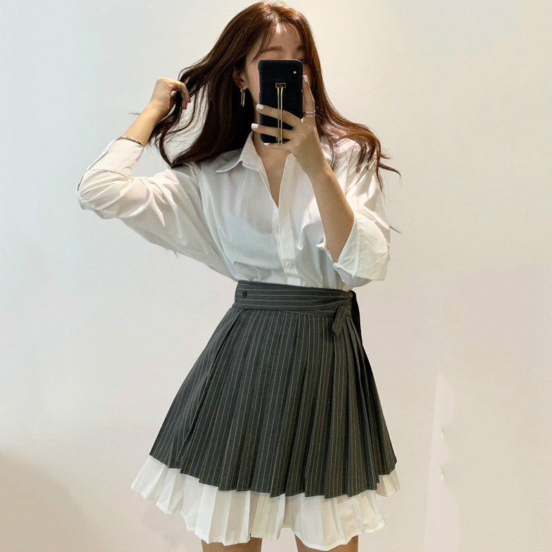 

Gagarich Korean Chic Temperament 2 Pcs Women Set Turn Down Collar Long Sleeve Shirt + High Waist Hip Pleat Design Skirt, Photo color