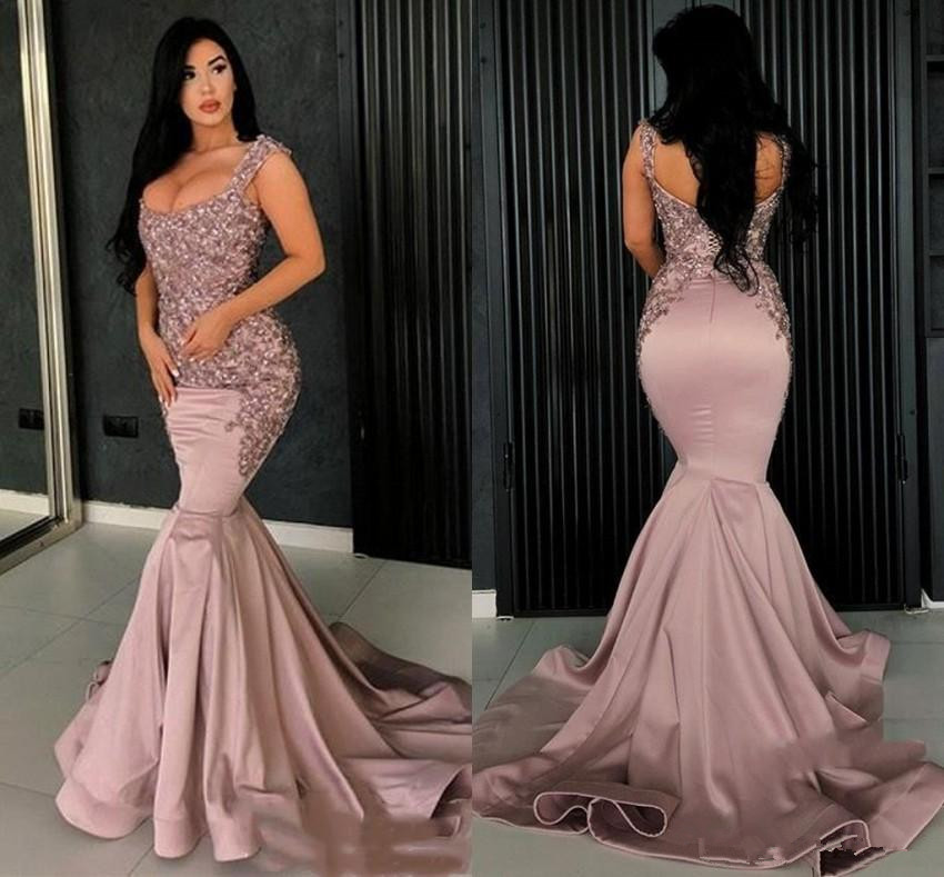 

Dusty Rose Lace Appliques Bead Mermaid Prom Party Dresses 2019 Sexy Backless Evening Dresses Vintage Formal Party Pageant Gowns, Black